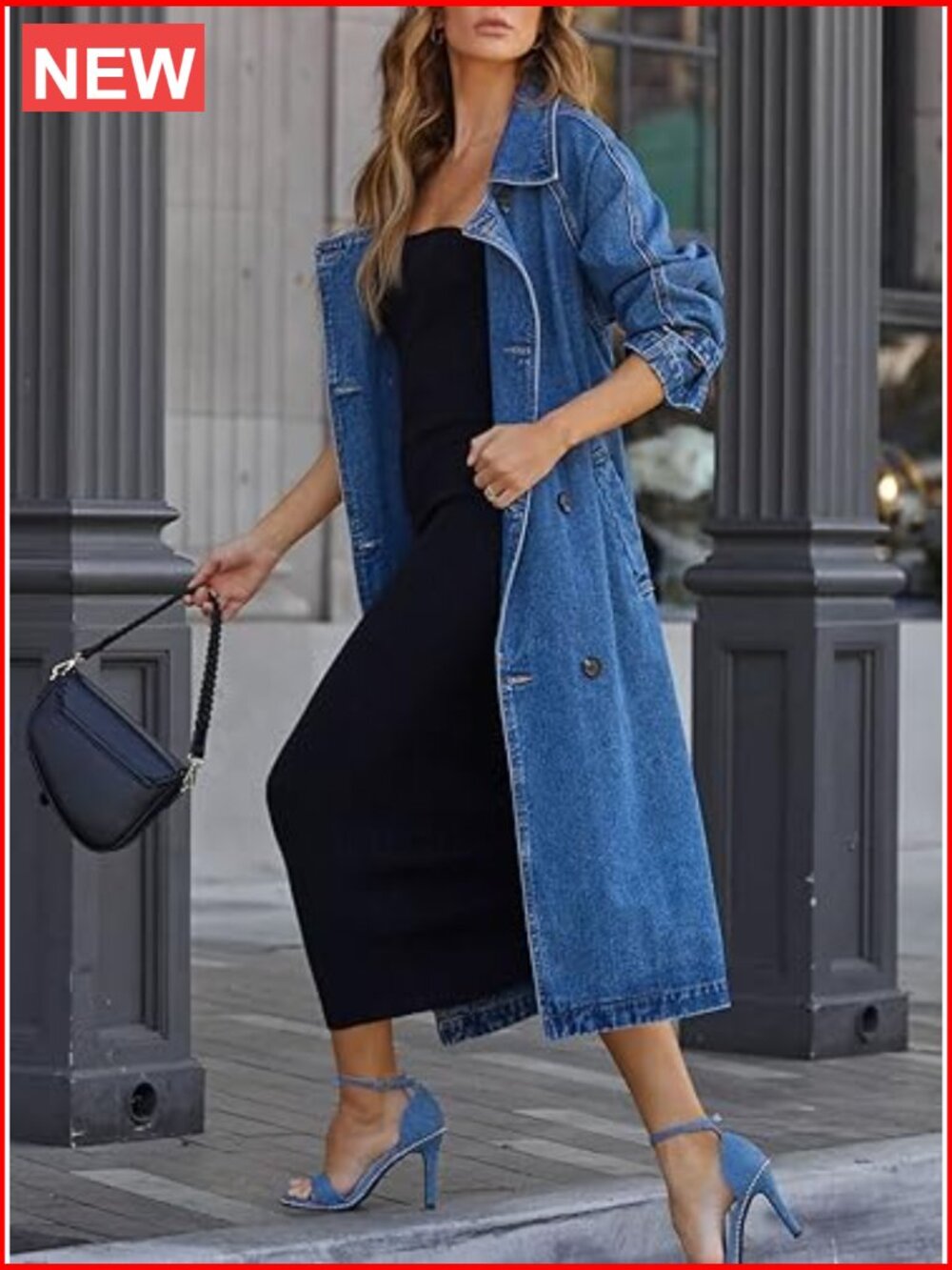 Vintage Notched Collar Double Breasted Plus Size Denim Jacket Trench Coat with - Picture 3 of 7